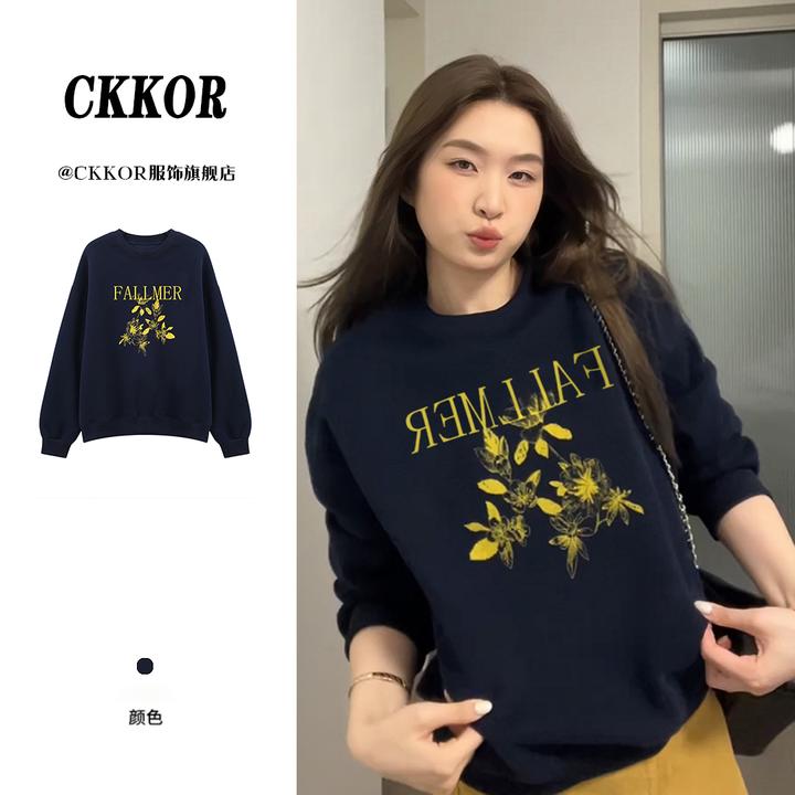 CKKOR韩版复古简约圆领套头卫衣女重磅加绒休闲风早秋长袖上衣服