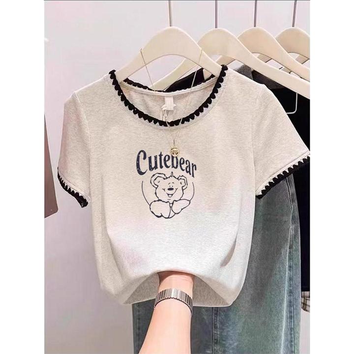 韩系正肩新款圆领修身显瘦短袖t恤夏季小众百搭卡通印花女装上衣