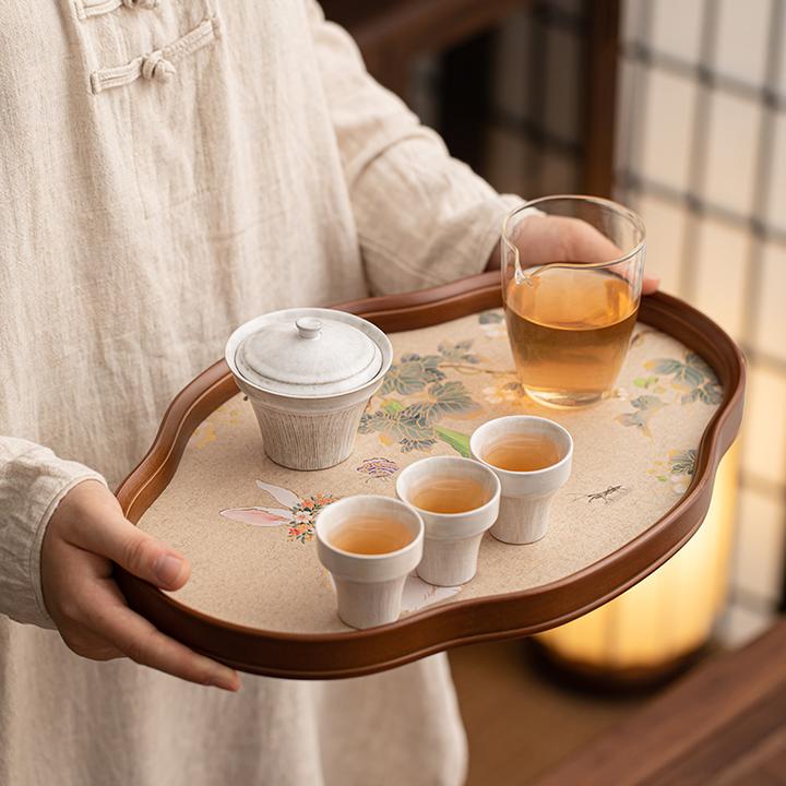 中式海棠花玻璃茶托盘可爱竹制茶盘简约家用茶室水果点心盘收纳盘