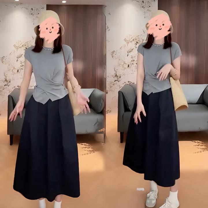 2025夏季收腰显瘦短袖T恤上衣百搭半身裙休闲套装气质洋气衣服女