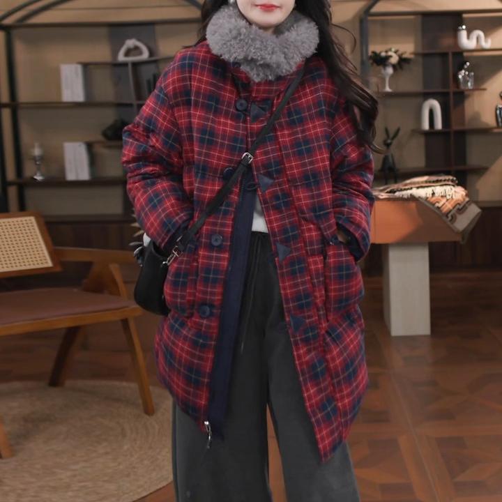 【撞色格子】2025冬季新款时尚潮流设计款格子毛毛领棉服双面穿外套