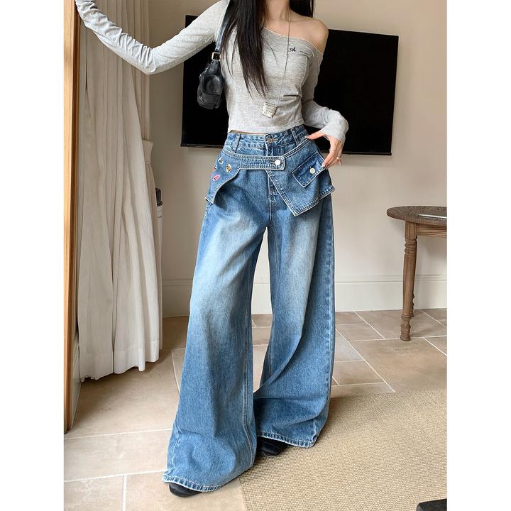 2025新款设计感小众美式辣妹屁帘牛仔裤大码女装高腰显瘦阔腿裤潮