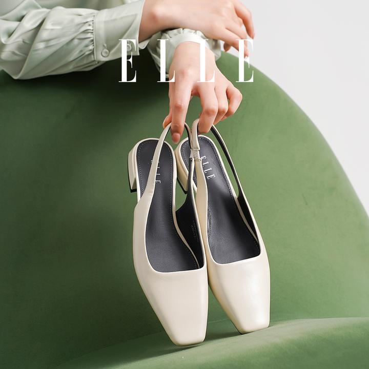 ELLE牛皮粗跟单鞋女鞋浅口一字带高跟鞋后空玛丽珍鞋气质包头凉鞋