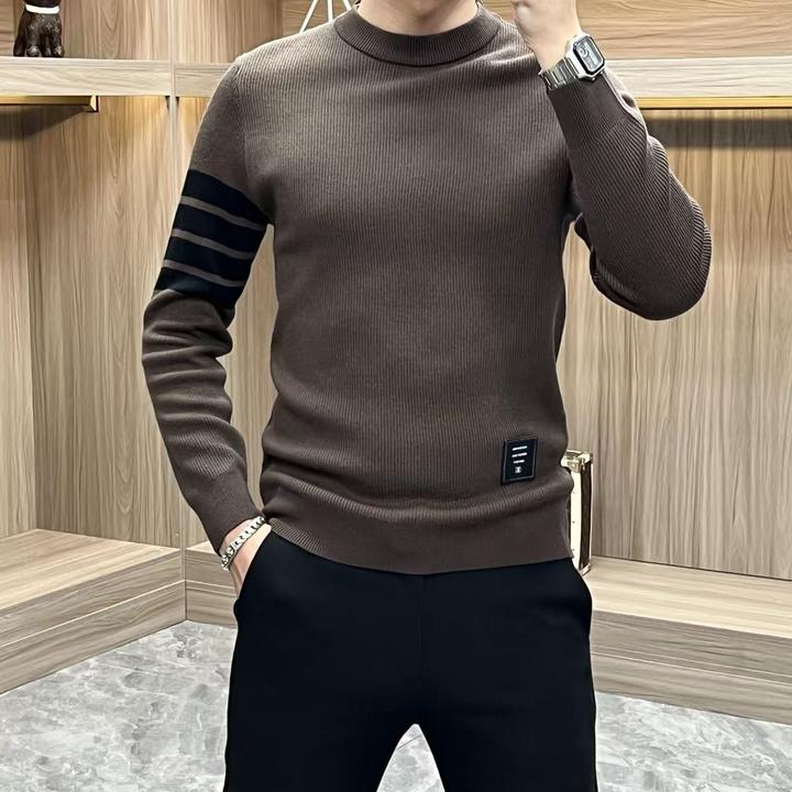 秋冬新款男士轻奢长袖针织衫休闲圆领提花潮流加厚保暖打底毛衫