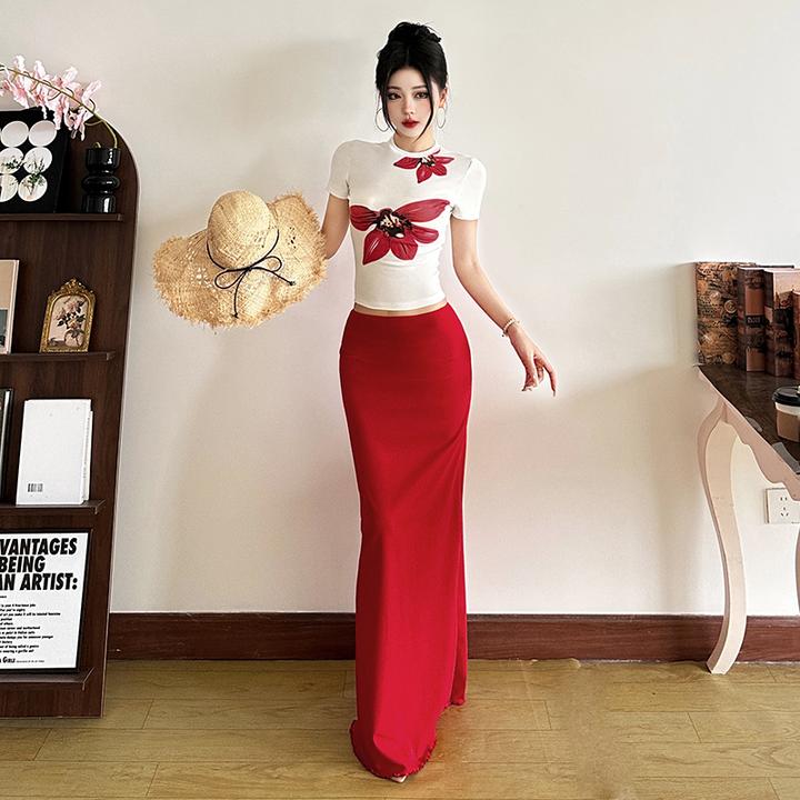 Malou她泰少女海岛度假百搭显瘦T恤 高腰长裙两件套女65676+65677