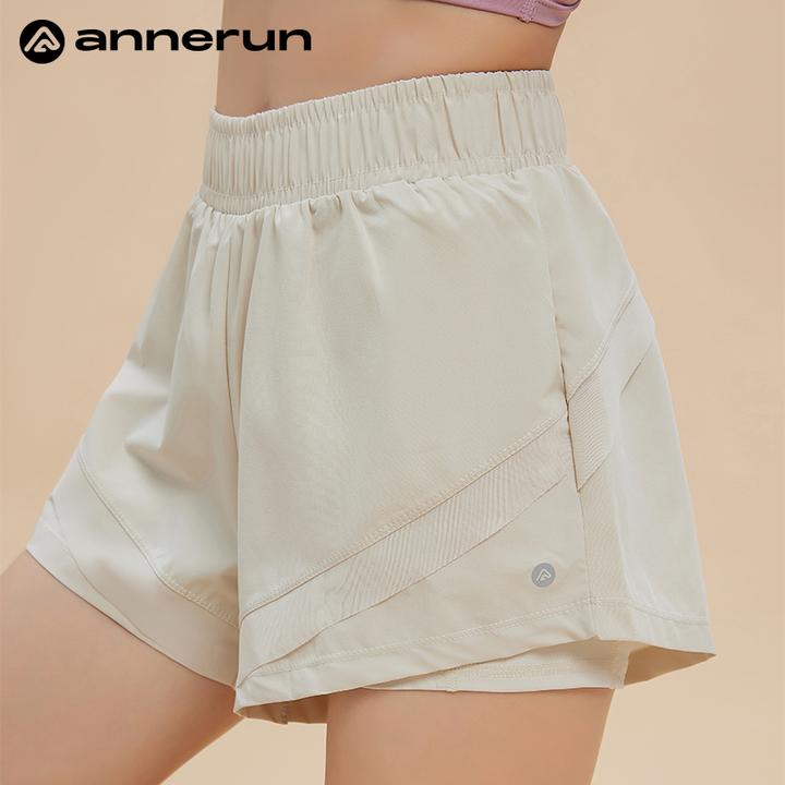 annerun运动短裤女假两件速干防走光高腰跑步三分裤瑜伽健身短裤