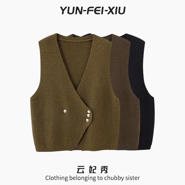 云妃秀大码女装马甲宽松时尚V领休闲简约纯色胖妹妹显瘦秋季71244