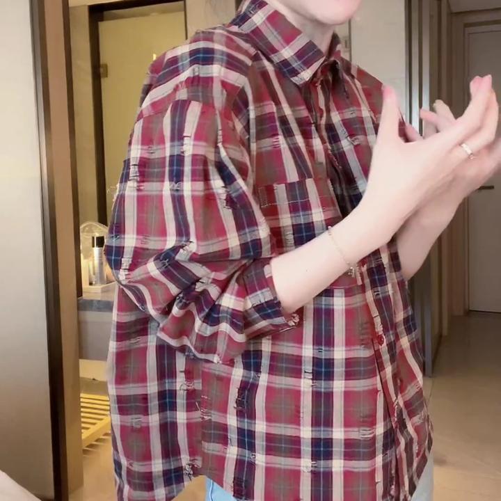2025早春百搭韩版时尚显瘦复古撞色格子衬衫LK2501245