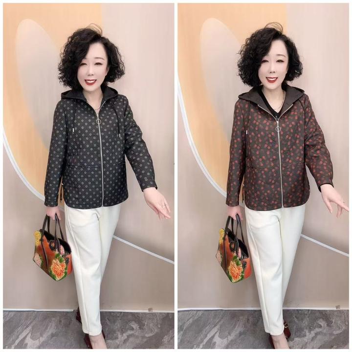 2503新款撞色连帽加里衬波点时尚宽松大码休闲外套，衣长65