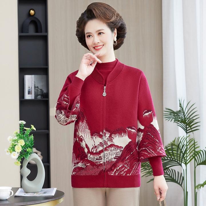 妈妈秋冬毛衣两件套外套宽松显瘦中老年女装新中式上衣套装针织衫