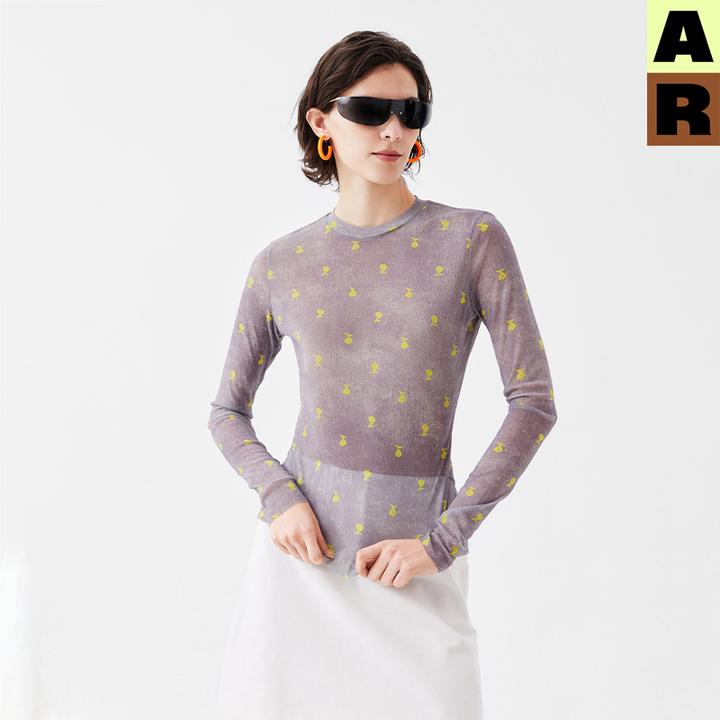 AR原创印花网纱打底衫时尚修身显瘦上衣可外穿内搭女薄款25年新款