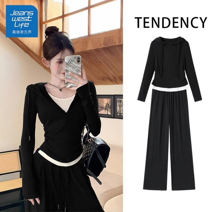 真维斯无界早春假两件收腰套装黑色显瘦针织气质显白甜酷风套装女