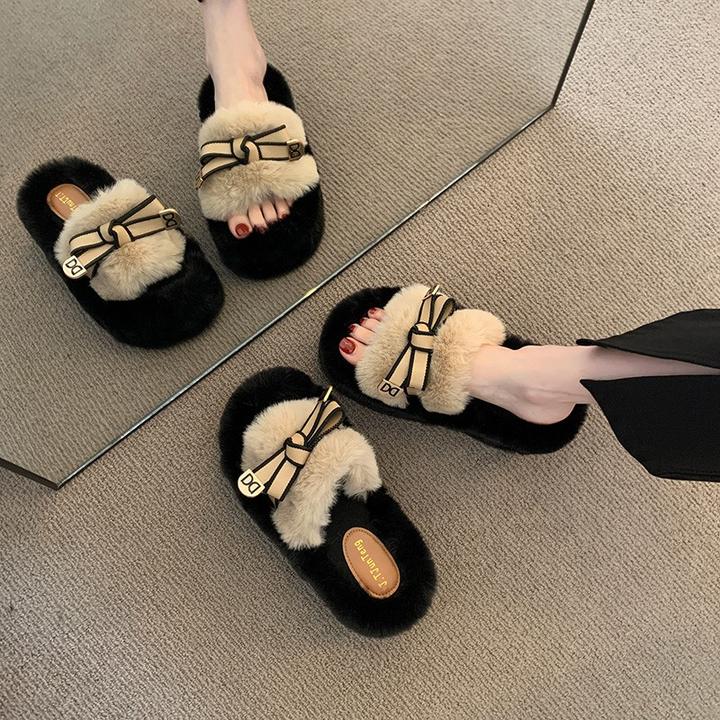 增高5cm小个子毛毛棉拖鞋女2025秋冬新款蝴蝶结百搭网红居家外穿