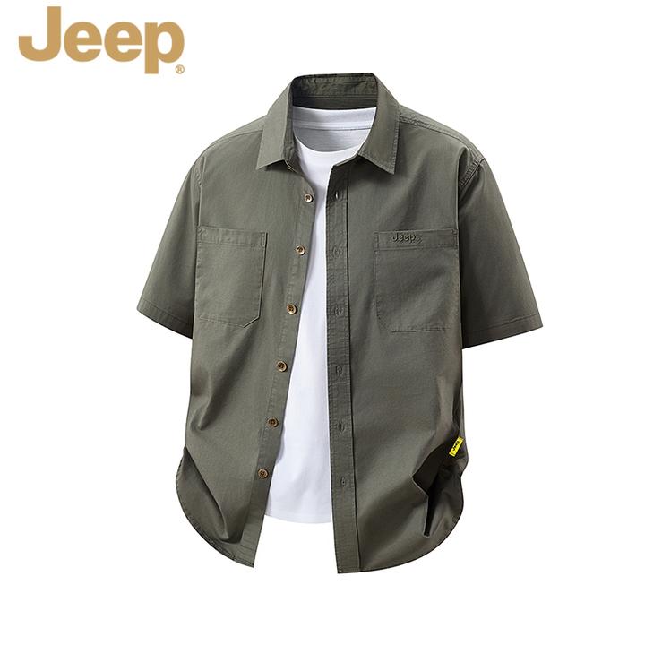 JEEP官方正品凉感透气短袖纯棉衬衫男夏季复古休闲双口袋工装衬衣