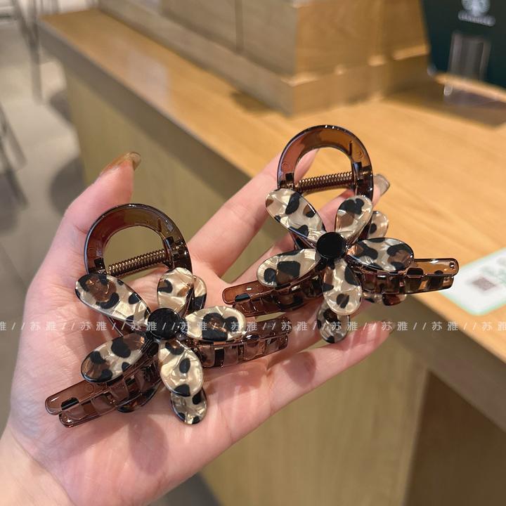 豹纹花朵抓夹女中号半扎发头发夹子后脑勺盘发鲨鱼夹发卡发抓头饰