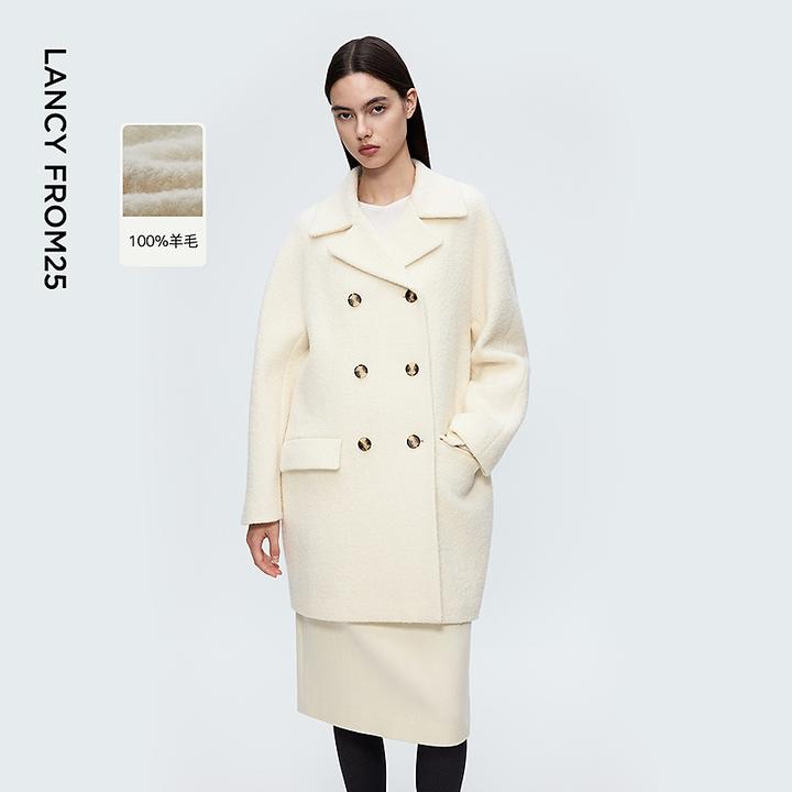 朗姿100羊毛纯色双排扣毛呢大衣女呢子大衣保暖2025年冬季新款
