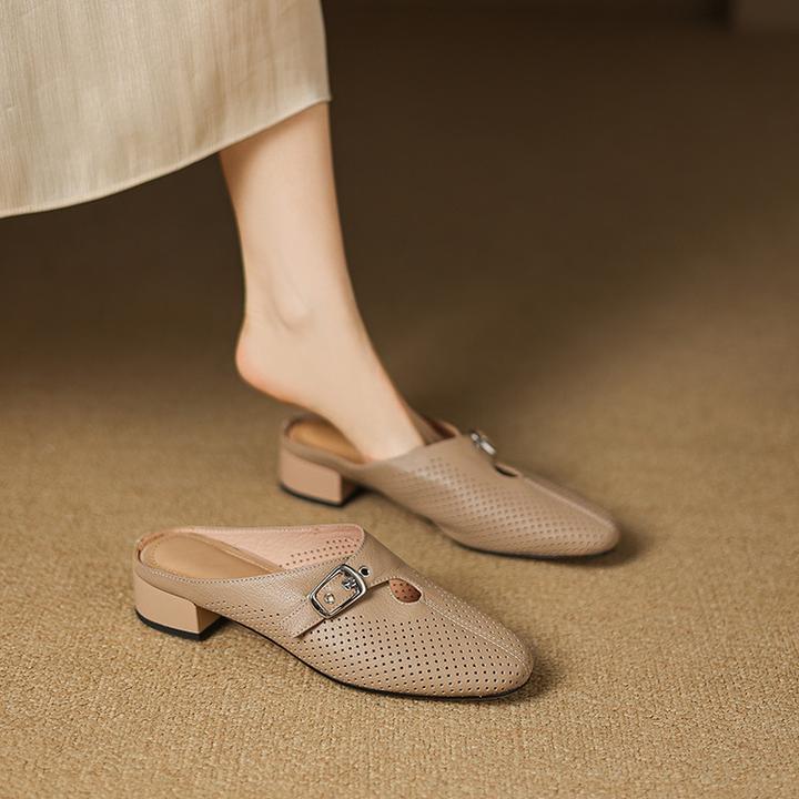 软羊皮镂空包头半拖鞋女外穿2025夏季新款大码穆勒鞋低跟凉拖鞋41