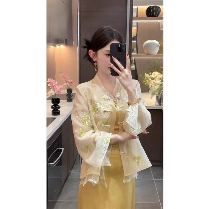 她他百伦一整套新中式开衫吊带裙套装大码国风旗袍黄色连衣裙女装