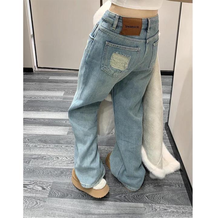 美式蓝色破洞设计感牛仔裤女秋季新款小众百搭显瘦直筒阔腿长裤子