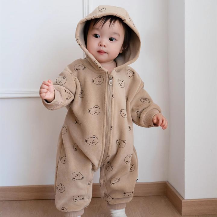 冬装婴儿外套毛绒连帽外出服秋冬宝宝拉链加绒保暖连体衣可爱爬服