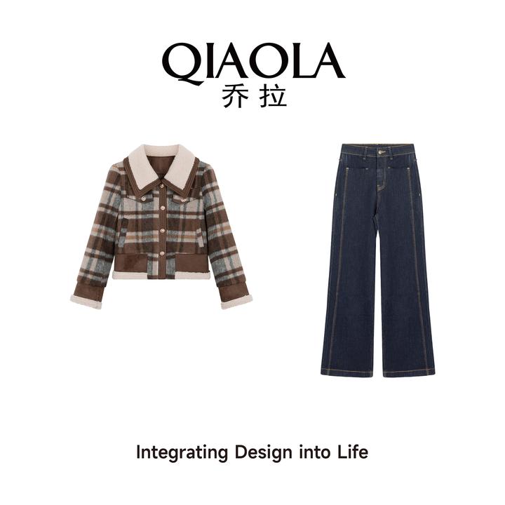 QIAOLA/乔拉【森木微澜】秋冬季毛呢格纹摇粒绒领洋气时尚套装预售
