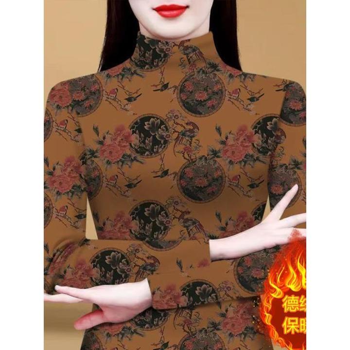 印花长袖仙女风高领女半高领T恤内搭冬季打底衫加厚时尚紧身蕾丝