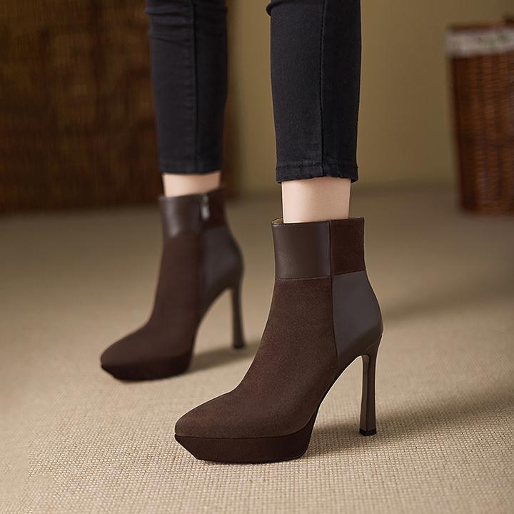 超高跟真皮尖头高跟鞋女2025秋冬复古显瘦短靴防水台不累脚马丁靴