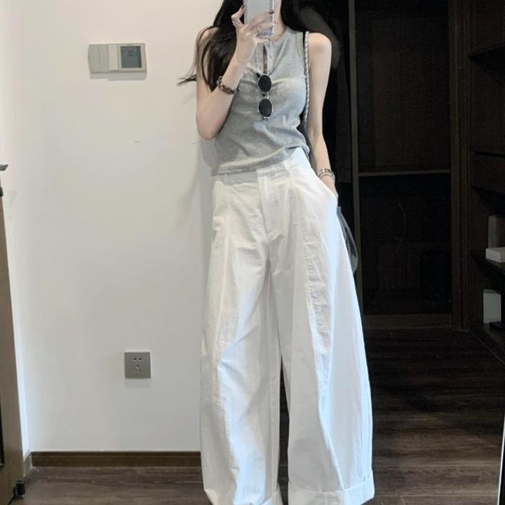 松弛感穿搭小香风韩系减龄灰色背心白色阔腿裤休闲亚麻裤套装女