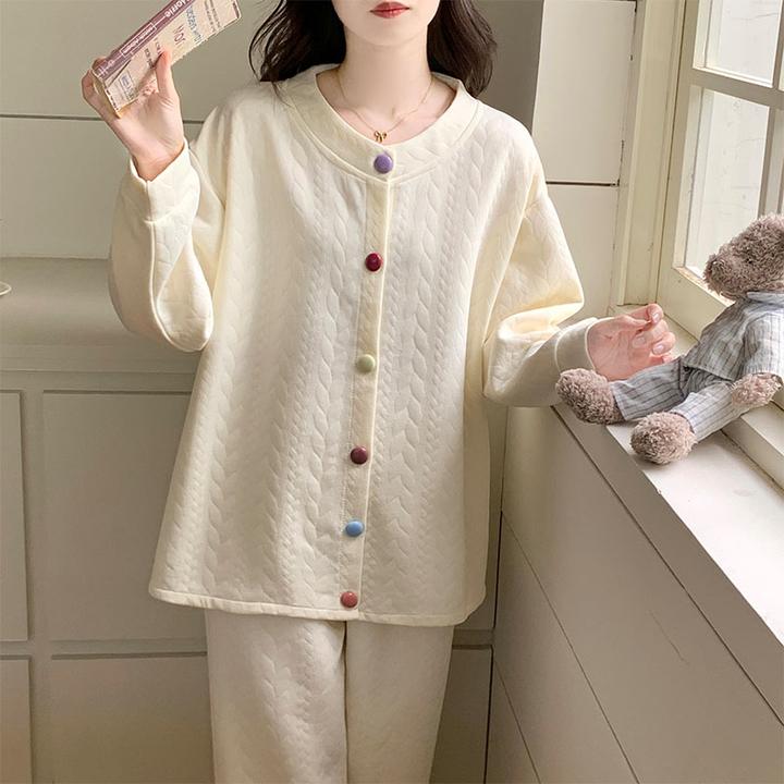 秋冬季爆款简约风夹层棉睡衣女款长袖长裤保暖加厚家居服两件套装