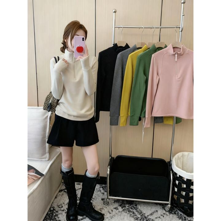 远红外发热锁温半拉链秋冬修身百搭立领显瘦纯色徳绒打底上衣899