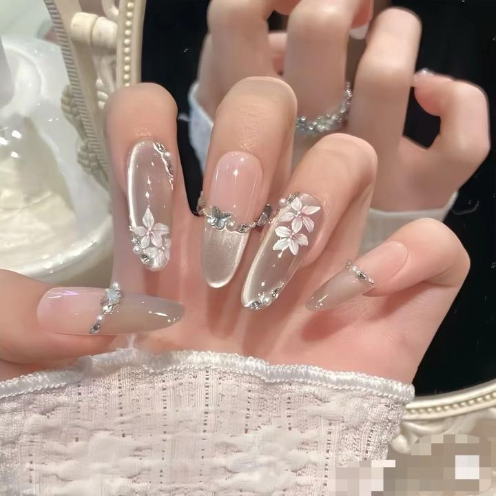 【春花夕拾】纯手工新款穿戴甲温柔显白爆闪猫眼高级私人订制指甲片