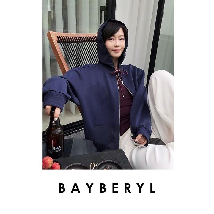 BAYBERYL老贝缪里缪气*藏青拼接抽绳连帽休闲秋卫衣NT5F3005
