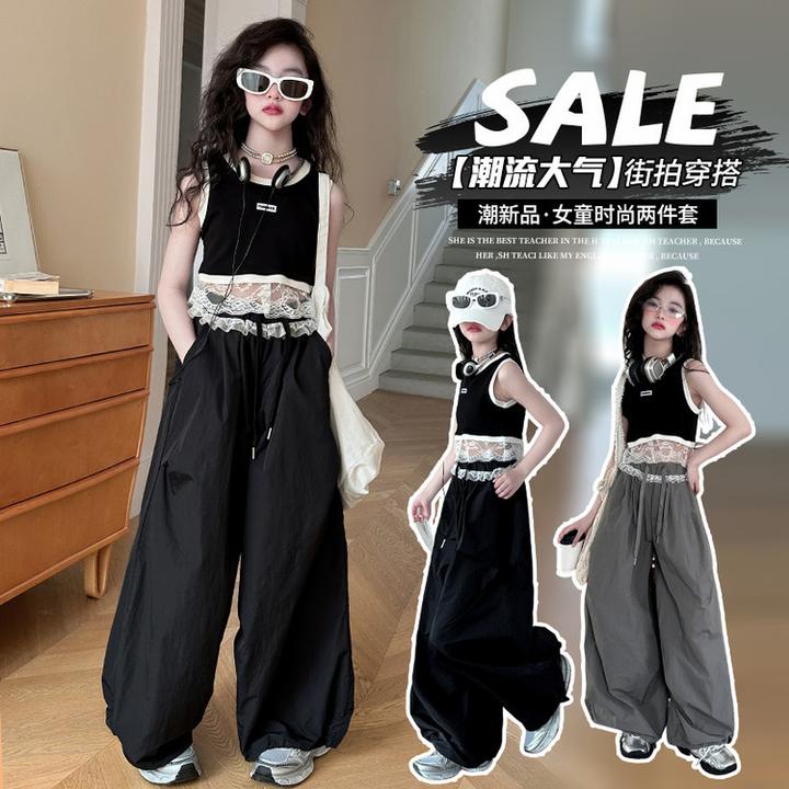 夏季裤短裤冰丝洋气女童蕾丝花边工装裤儿童宽松裤速干长裤子潮