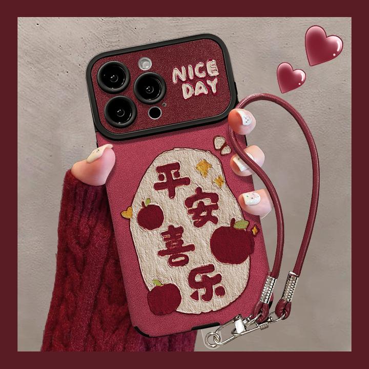 适用苹果17promax手机壳马年新女款平安喜乐挂绳高级大视窗翻毛皮