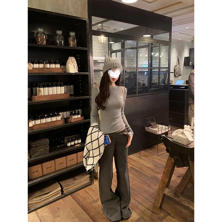 MosesQueen魔西女王圆领坑条刺绣针织T恤女秋修身显瘦辣妹上衣