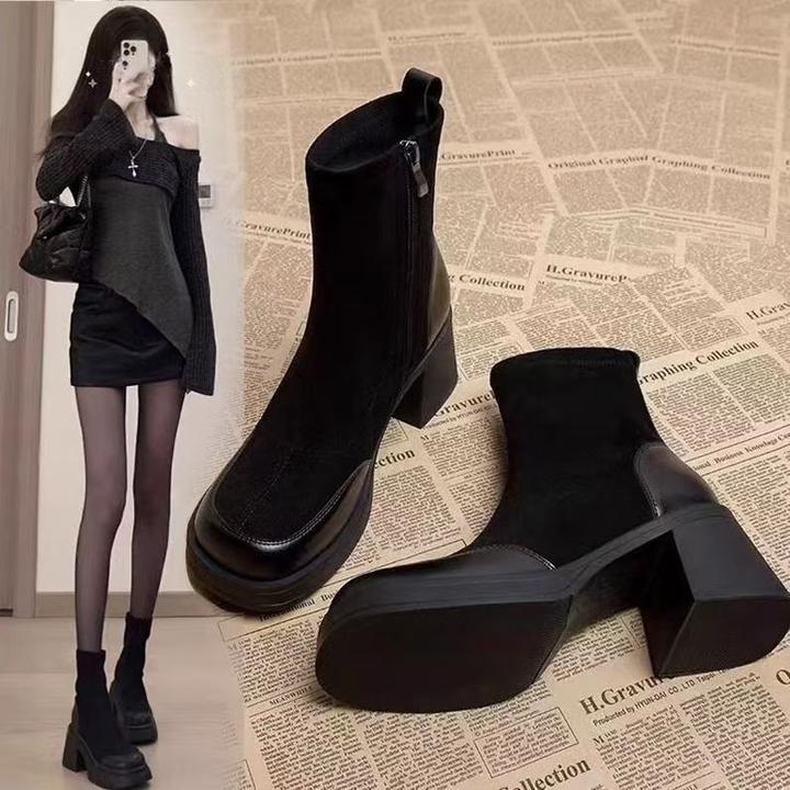 中跟真皮气质法式高跟短靴女2025年新款秋冬马丁靴方头粗跟弹力瘦