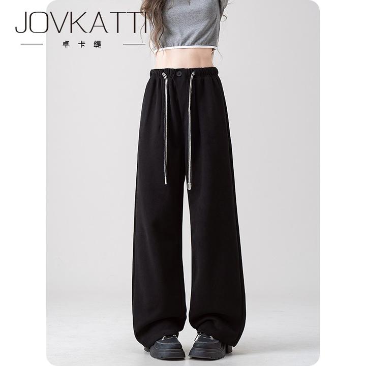 卓卡缇黑色阔腿镰形女裤秋季新弹性高腰直拉绳宽松休闲裤休闲裤女
