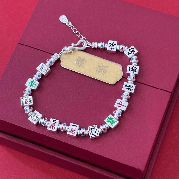 足银手链 足银999古法麻将福牌珐琅彩精美气质百搭高级感纯银手链