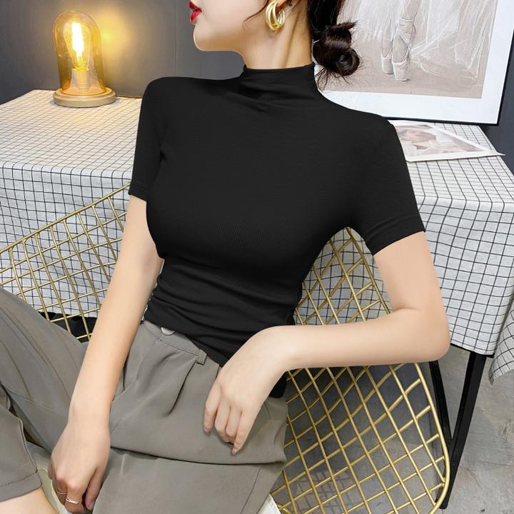黑色高领中袖打底衫t恤女春秋季穿搭2025新款修身高级感内搭上衣