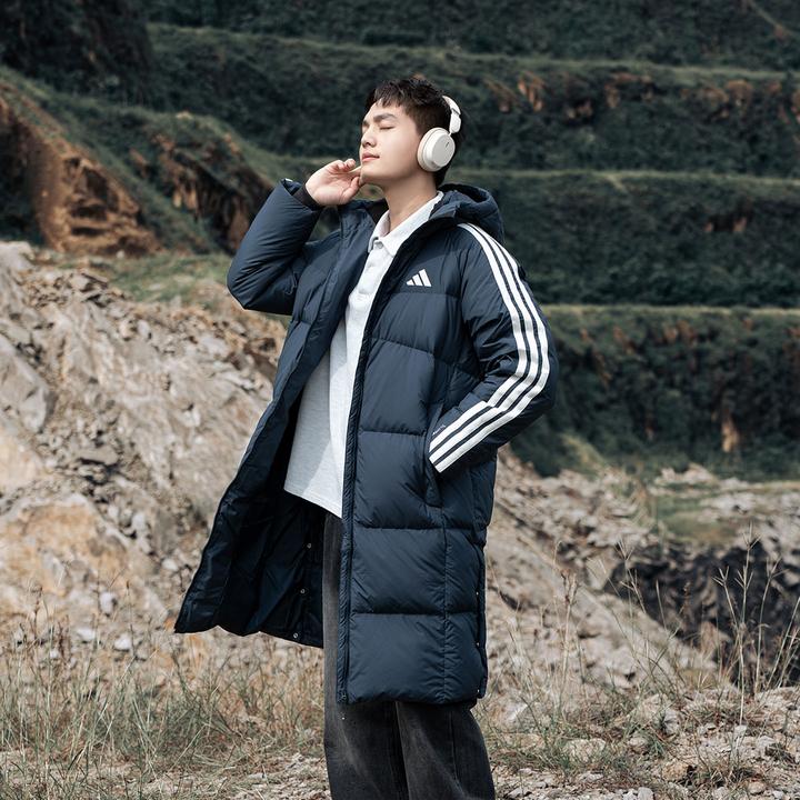 阿迪达斯长款连帽羽绒服外套男秋冬新款休闲加厚保暖运动服KC2499