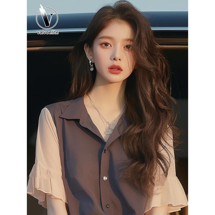 VALVOELITE法式荷叶边撞色短袖衬衫女夏季独特别致甜辣妹半袖上衣