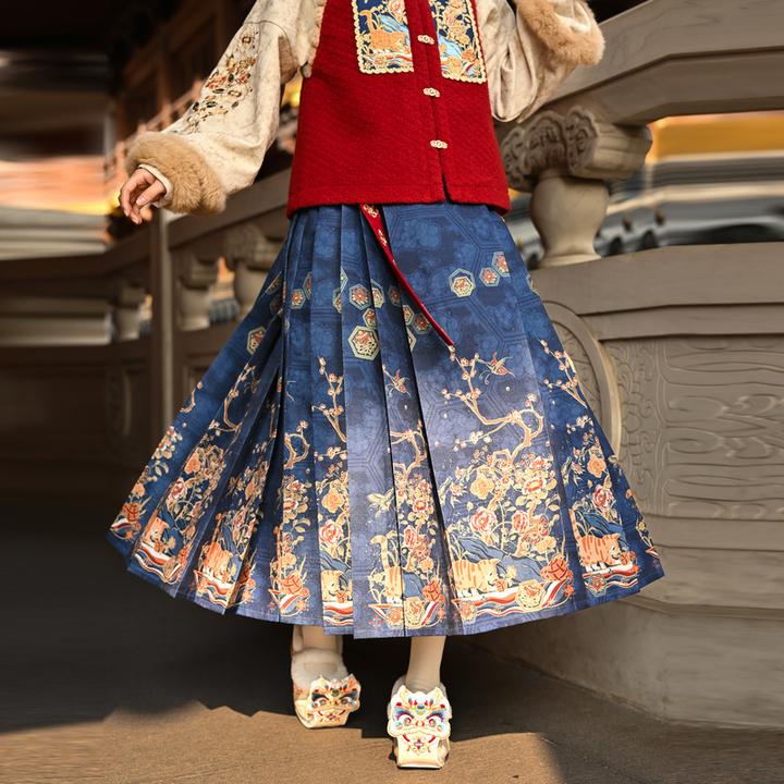 【如愿喵】森女部落原创国风衬衫马甲秋冬新年印花马面裙百褶