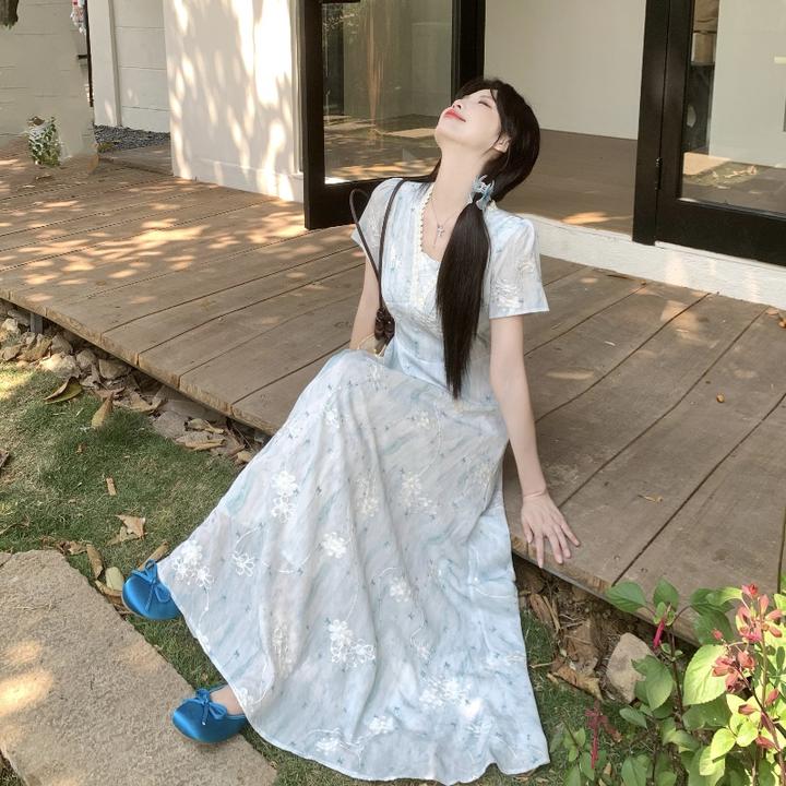 实拍~绮丽之梦--复古裙子夏季短袖连衣裙中长款温柔收腰轻奢时尚