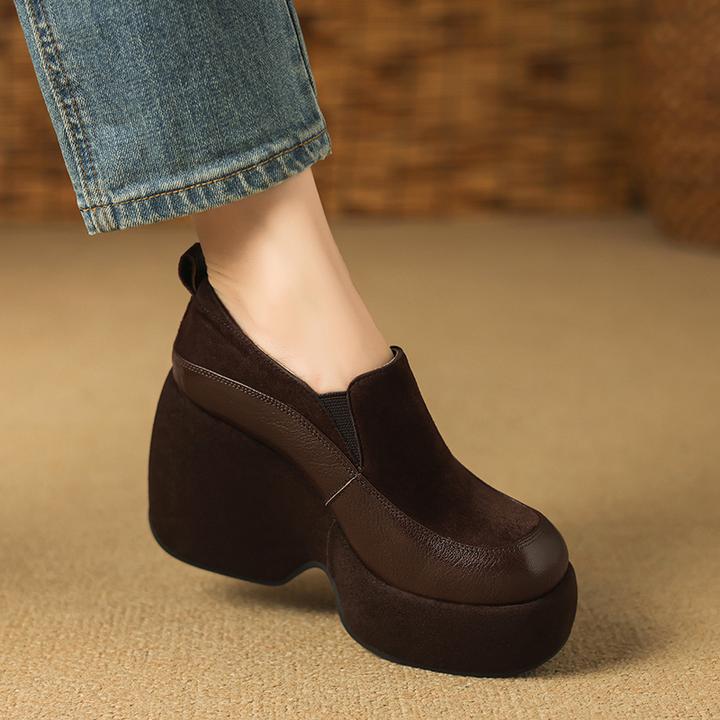 增高10cm坡跟深口单鞋女轻便防滑防水台高跟鞋小个子松糕底乐福鞋