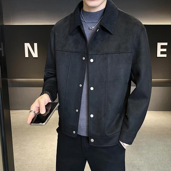 秋冬男款爆款鹿皮绒外套男士翻领春秋款休闲老钱风夹克翻领男外套