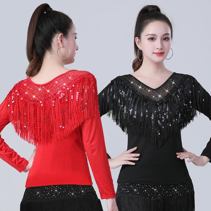 秋冬广场舞服装新款拉丁舞服女摩登舞上衣国标舞跳舞衣流苏水兵舞