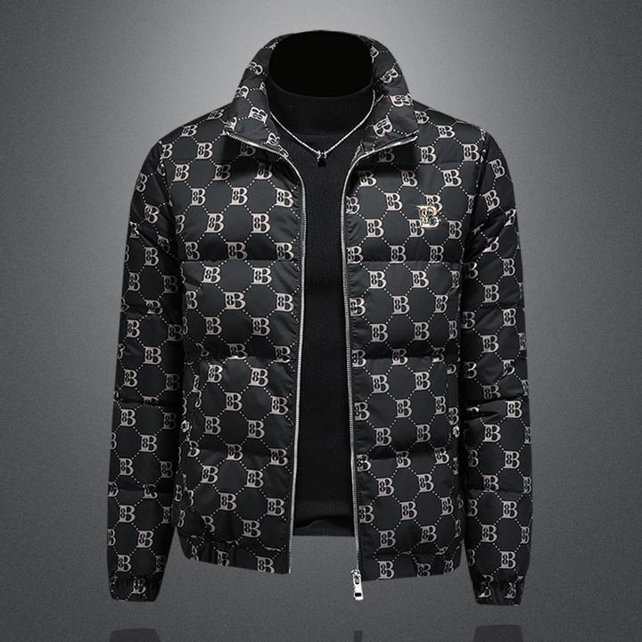 羽绒服男士冬季新款欧洲站高端潮牌休闲潮流印花修身大码立领外套