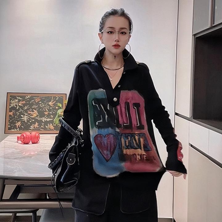 V领长袖打底衫女拼色中长款T恤欧美印花秋季纽扣ins美式复古套头t