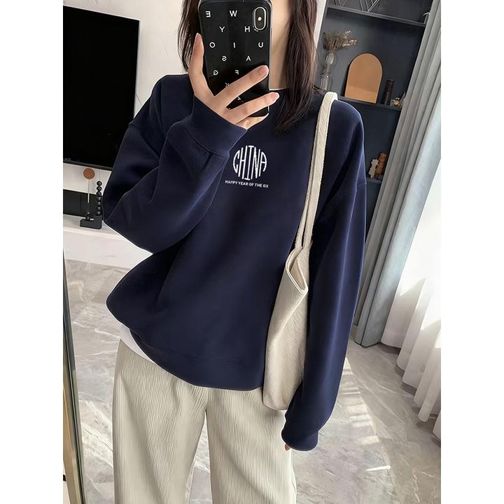 藏青色圆领长袖卫衣女秋冬季加绒加厚保暖打底衫休闲无帽套头上衣