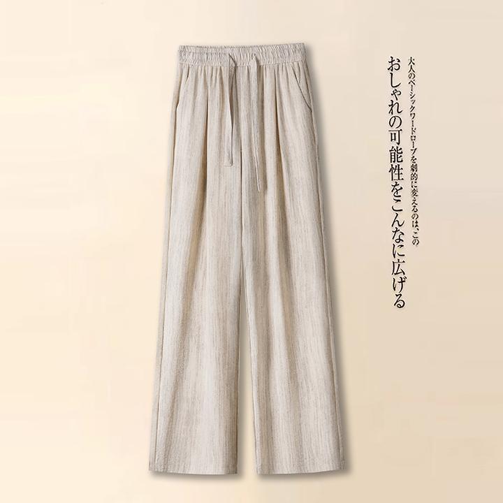 拉夏贝尔灰色亚麻阔腿裤女2025夏季新款抽绳高腰宽松垂坠感休闲裤